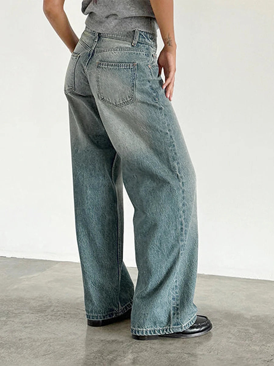 Y2K Vintage Zipper Button Low-Waist Baggy Jeans