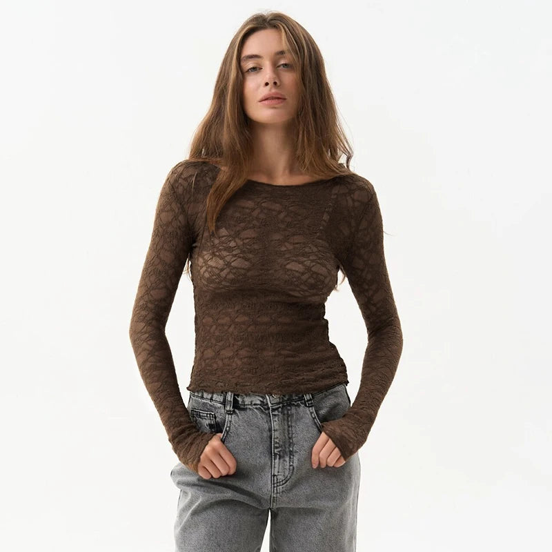 Lace Hollow-Out See-Through Long Sleeve Top