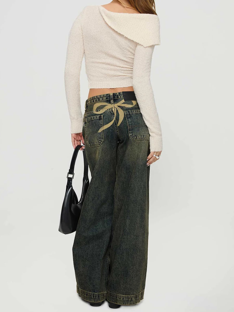 Fashion Baggy Boyfriend Jeans with Back Bow Print