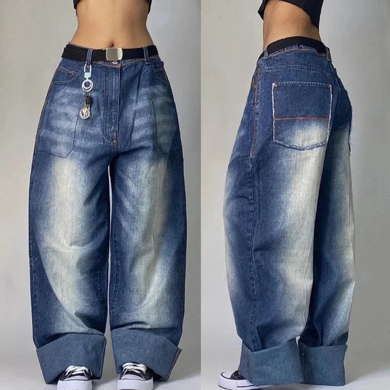 Y2K Blue Washed Embroidered Baggy Jeans