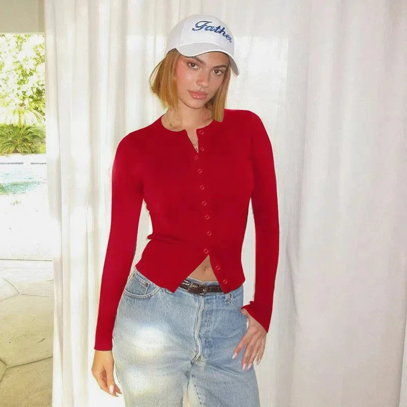 Single-Breasted Button Long Sleeve Crop Top