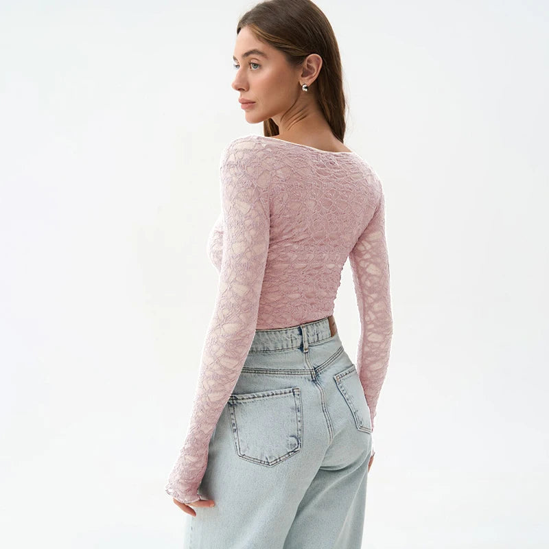 Lace Hollow-Out See-Through Long Sleeve Top
