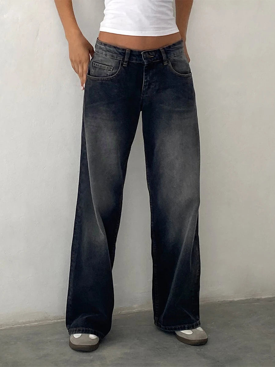 Y2K Vintage Zipper Button Low-Waist Baggy Jeans