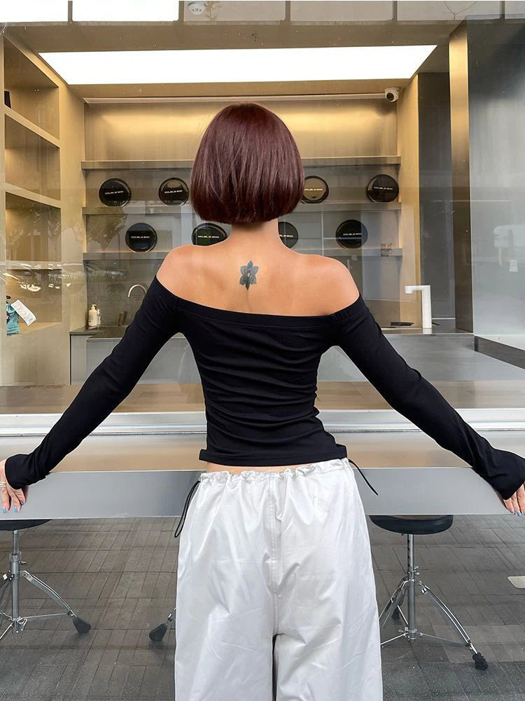 Black Slash Neck Off-Shoulder Crop Top