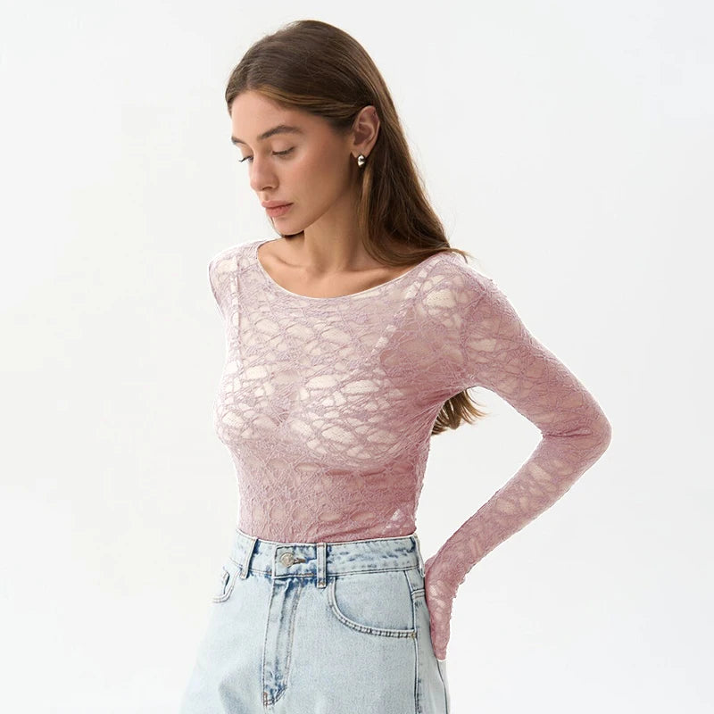 Lace Hollow-Out See-Through Long Sleeve Top