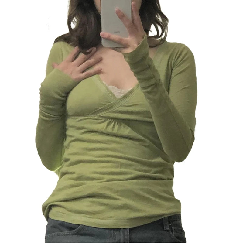 Grunge Burgundy V-Neck Long Sleeve Tee