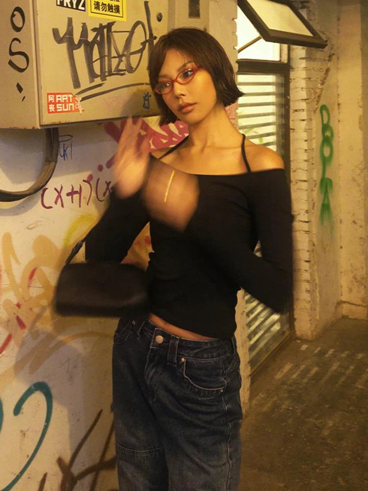 Y2K Long Sleeve Black Retro T-Shirt