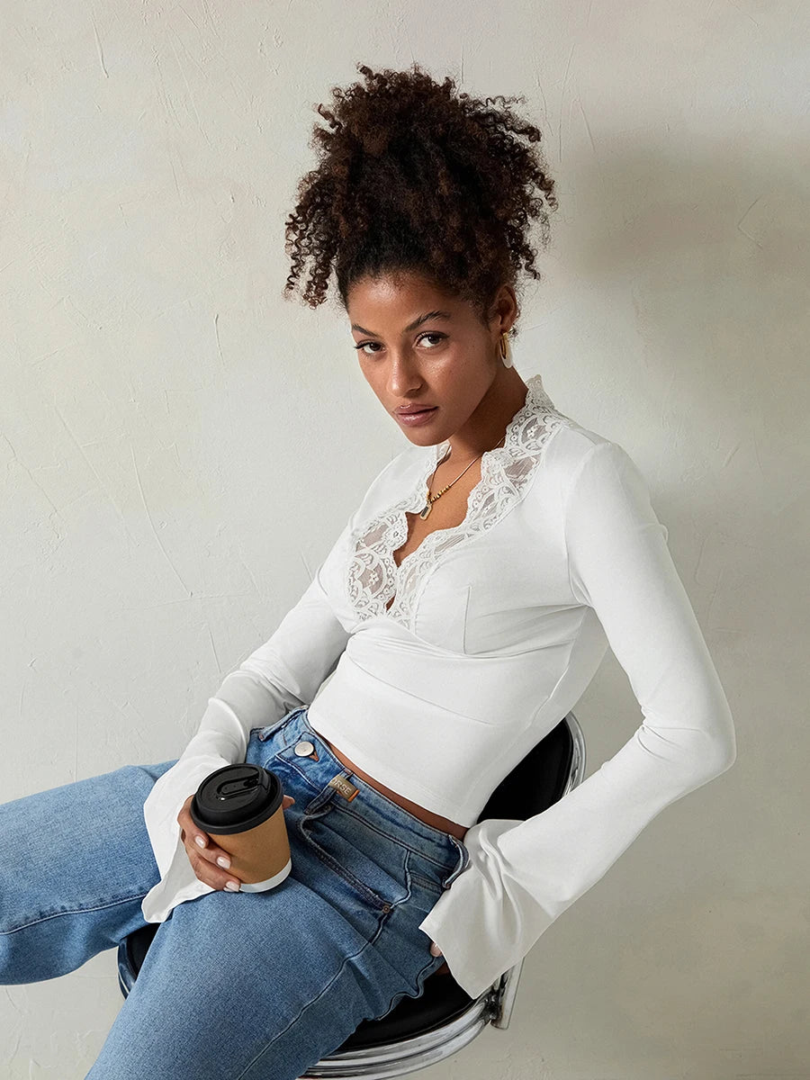 Elegant V-Neck Lace Patchwork Flared Sleeve Top