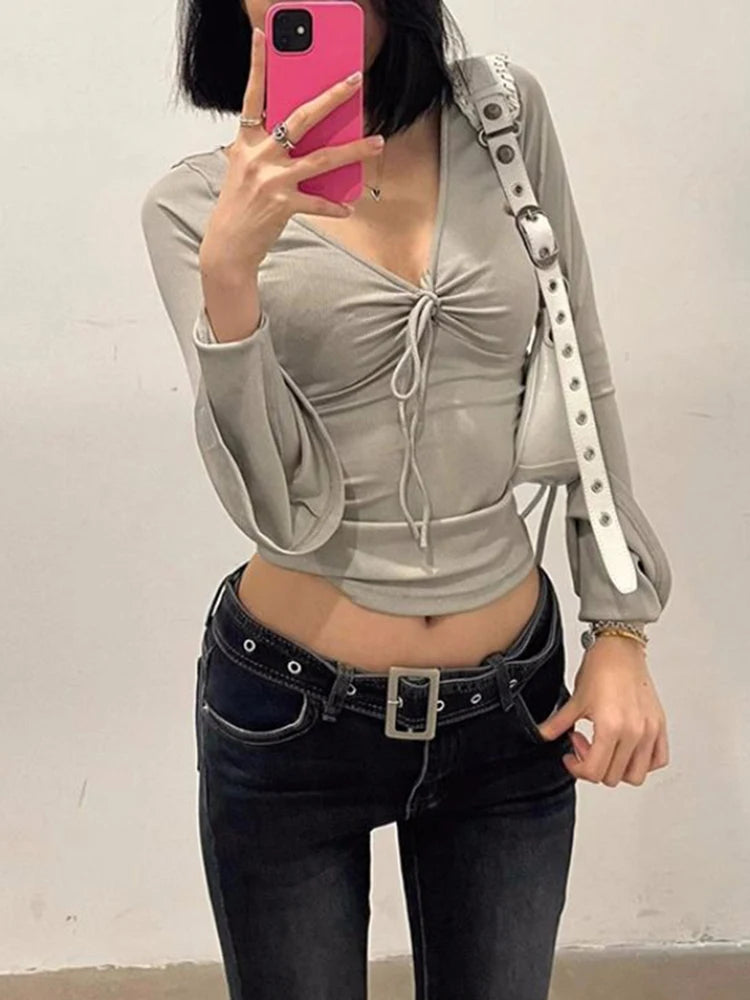 V-Neck Bandage Slim Fit Long Sleeve Top