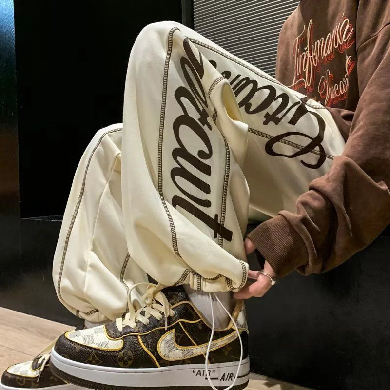 Vintage Letter Print Wide-Leg Joggers