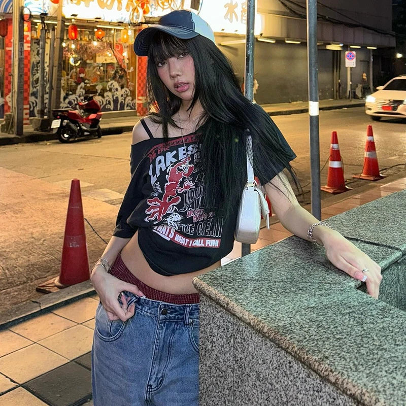 Y2K Letter Print Off-Shoulder Tee