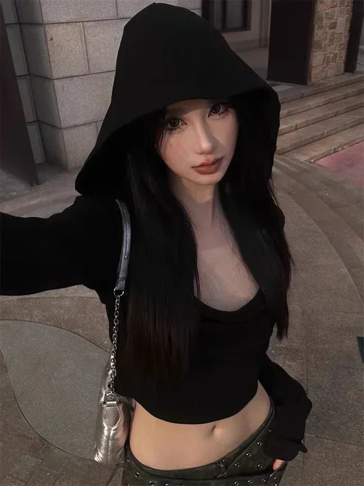 Casual Black Hooded Crop Top