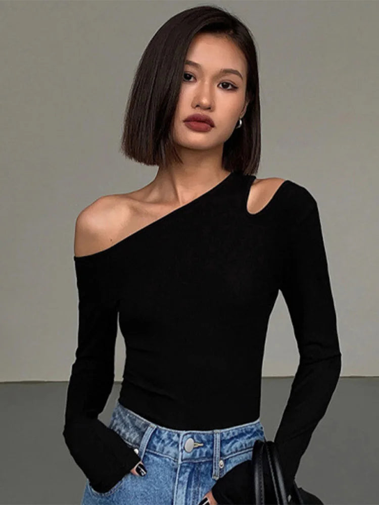 Skew Collar Off-Shoulder Slim Crop Top