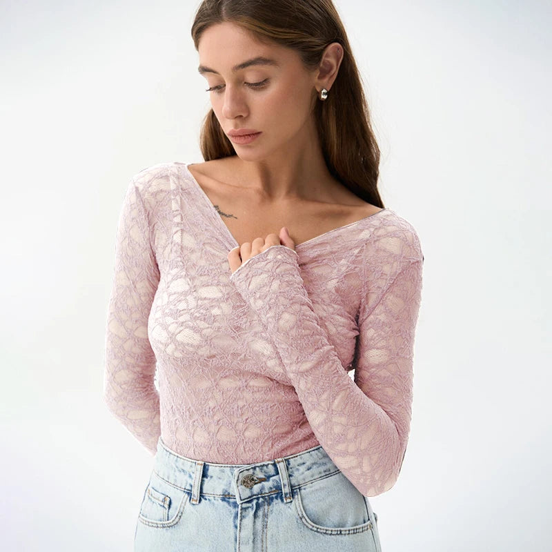 Lace Hollow-Out See-Through Long Sleeve Top