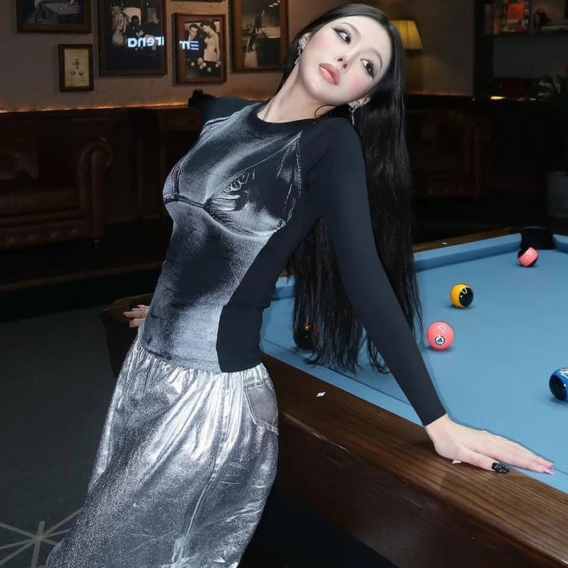 Fall Print Long Sleeve Patchwork Crop Top