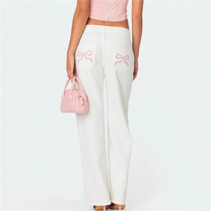 Baggy Wide-Leg Grunge Jeans with Bow Print Pocket