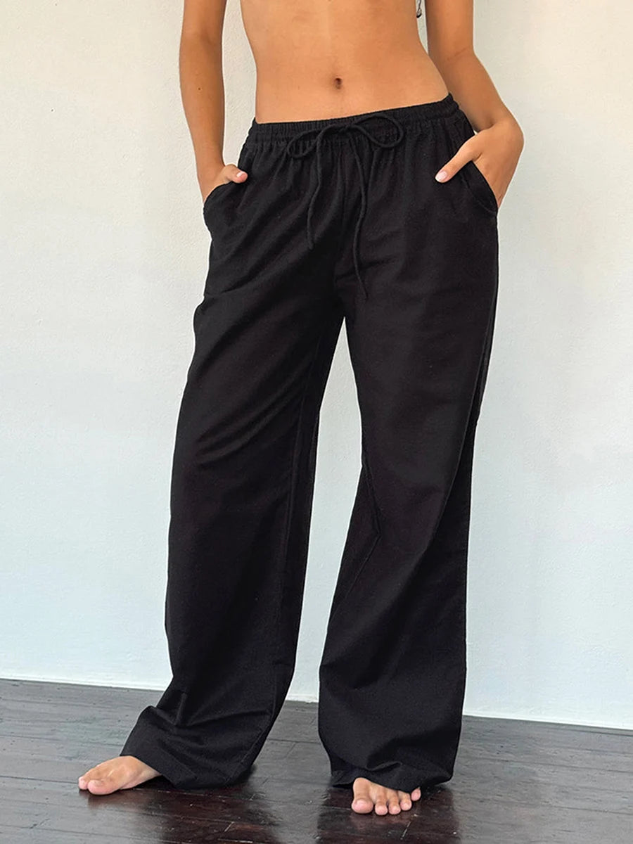 Plaid & Solid Color Wide-Leg Drawstring Pants