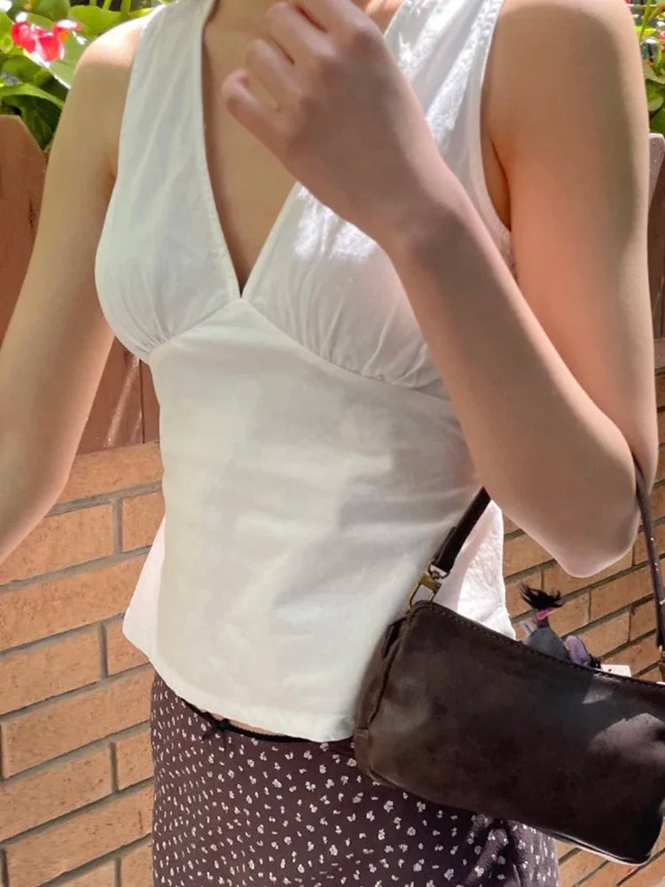 Vintage Vibe White Deep V-neck Tank