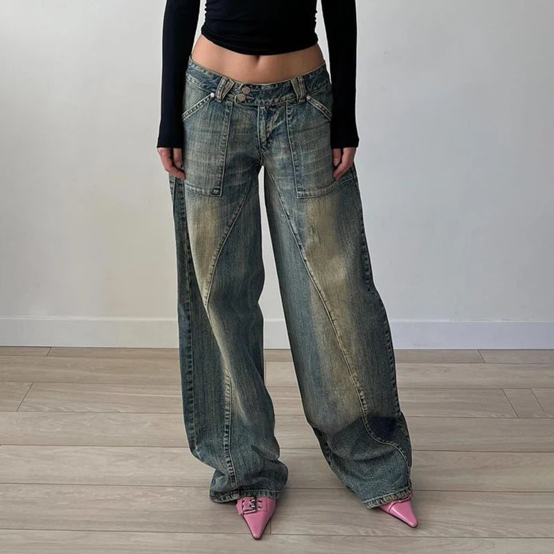Vintage Washed Loose Fit Straight Leg Denim Jeans