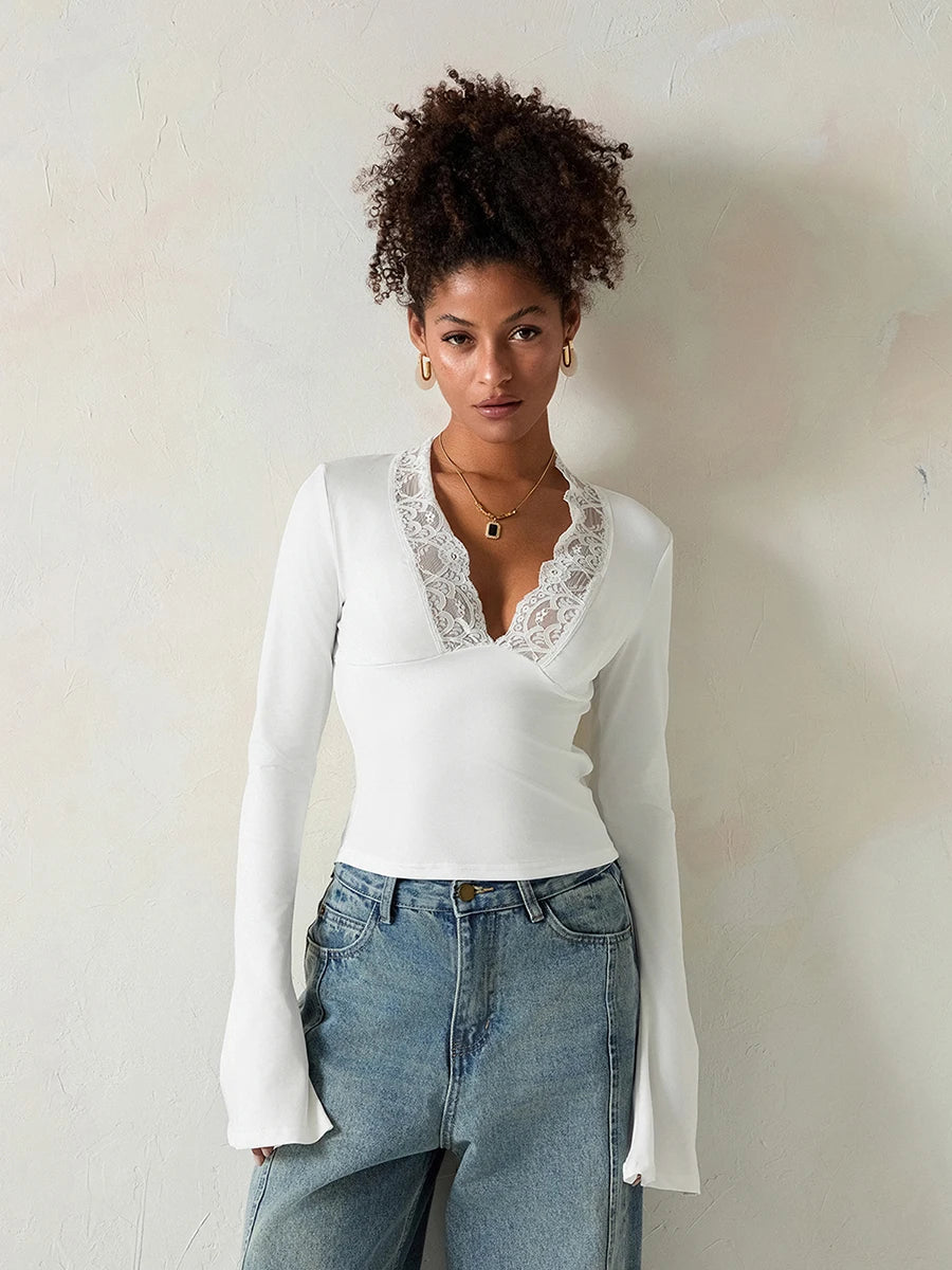 Elegant V-Neck Lace Patchwork Flared Sleeve Top