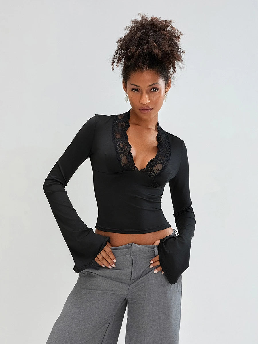 Elegant V-Neck Lace Patchwork Flared Sleeve Top