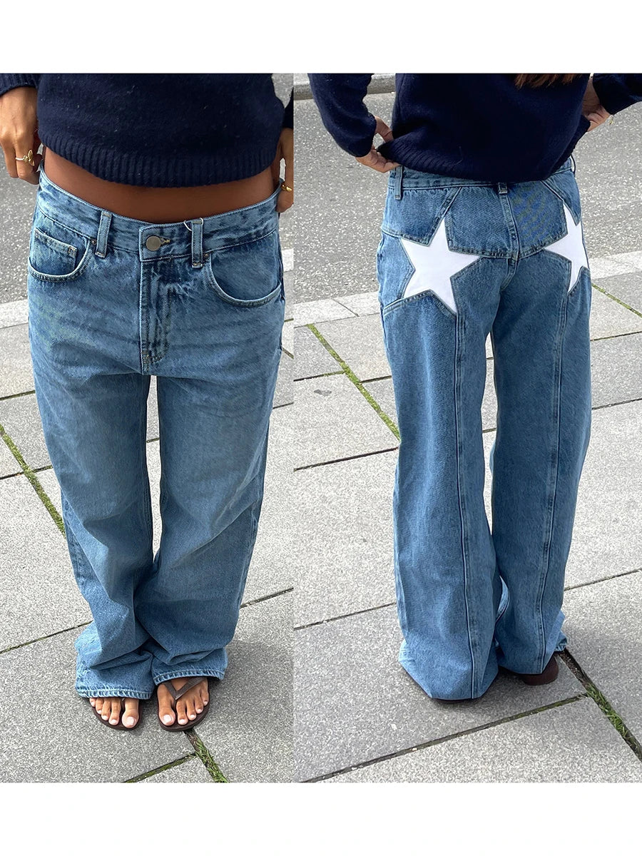 Vintage Star Pattern Loose Straight-Leg Jeans