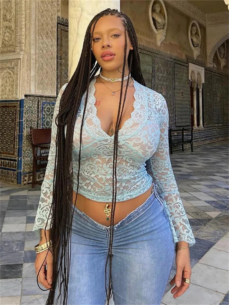 V-Neck Lace Flare Sleeve Transparent Top