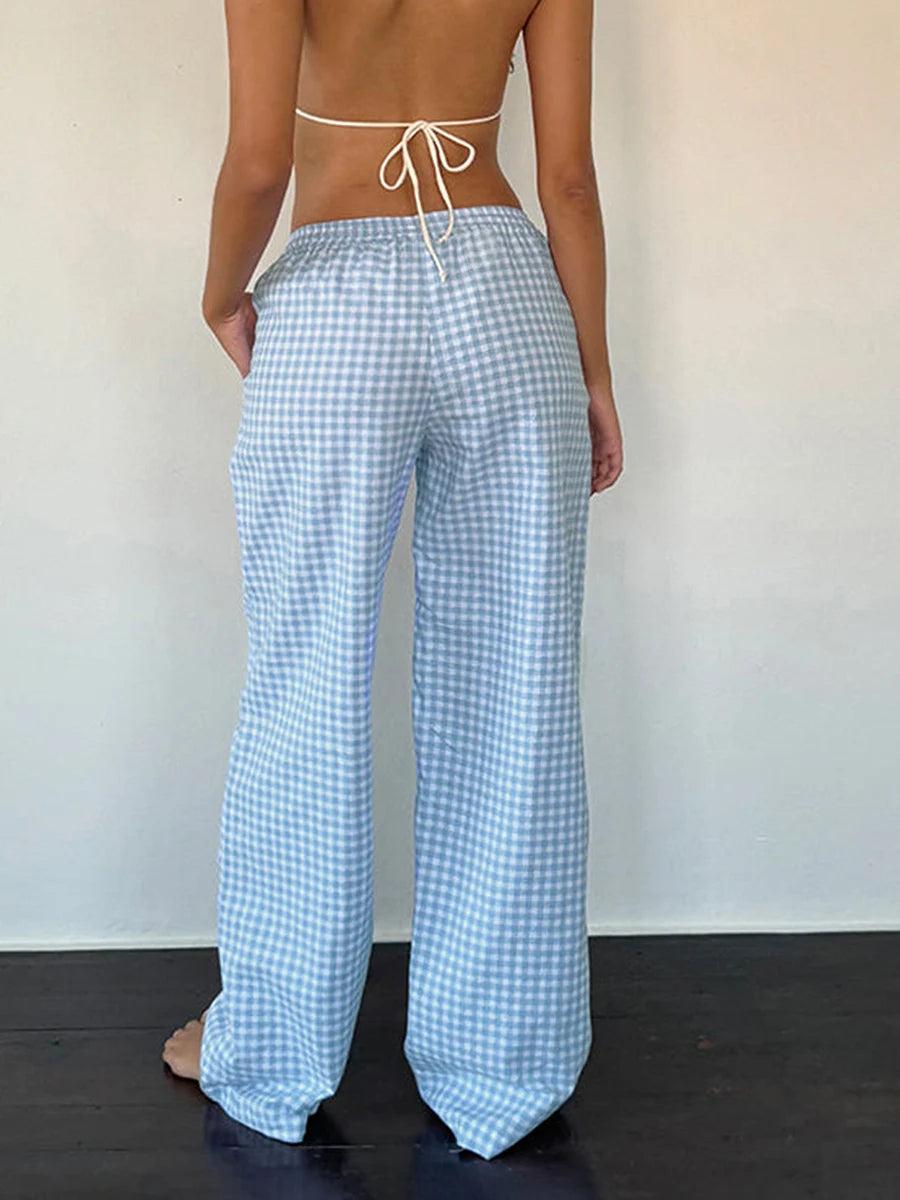 Plaid & Solid Color Wide-Leg Drawstring Pants