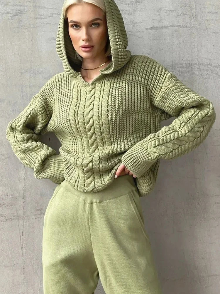 Knitted Hooded Long Sleeve Oversized Sweater