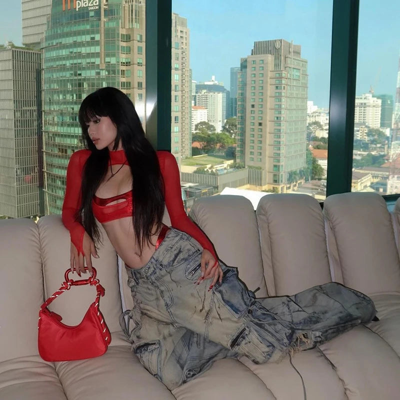 See-Through Slim Hollow Harajuku Mesh T-shirt