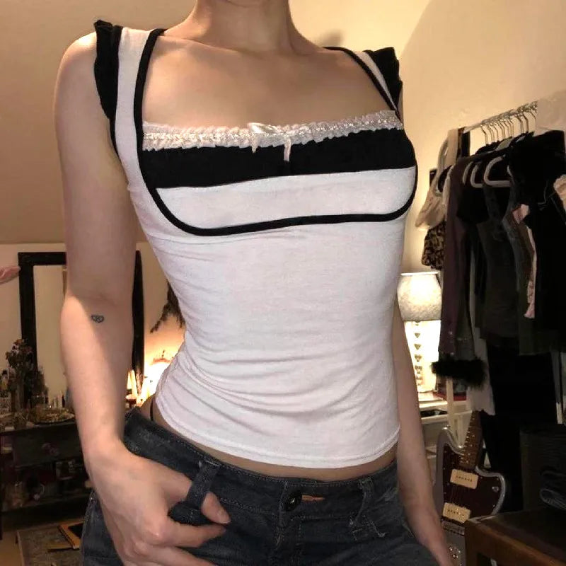 Sexy Square-Neck Off-Shoulder Lace Patchwork Crop Top