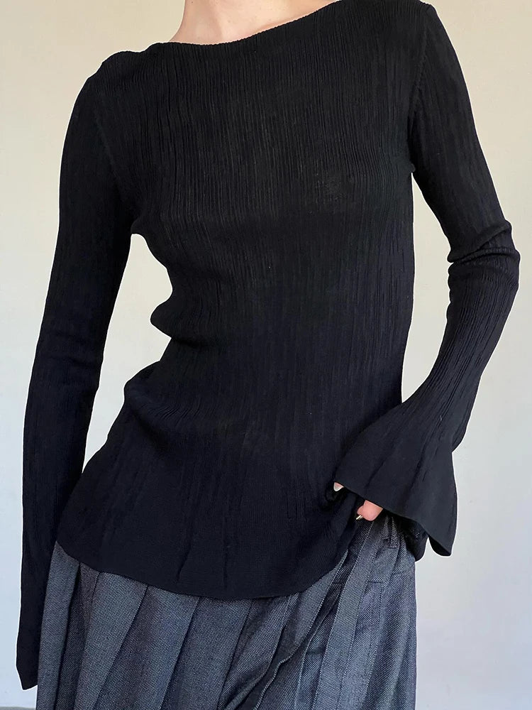 Pleated Flare Sleeve Slim Pullover Top