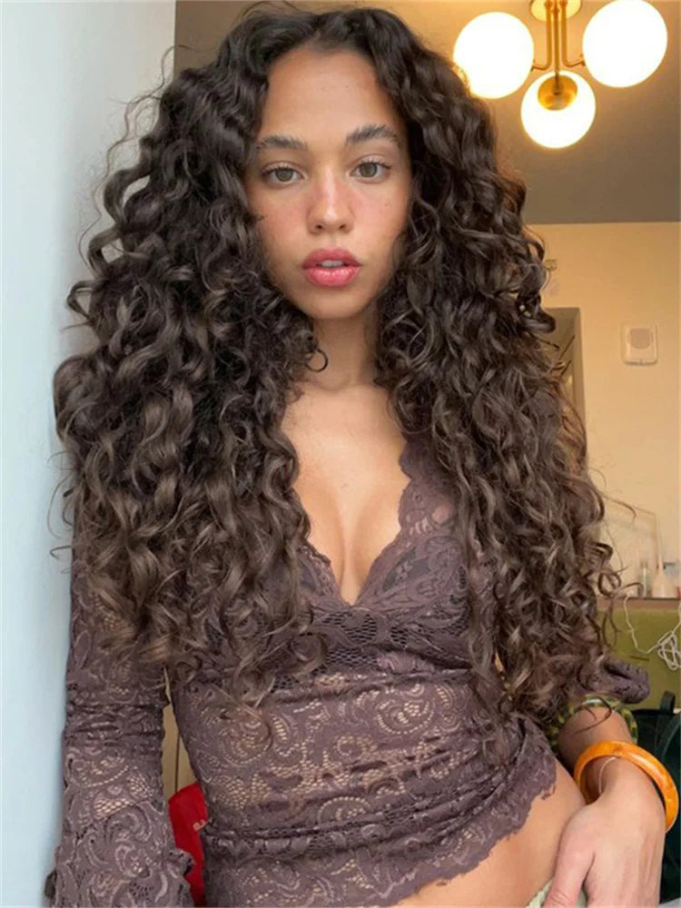 V-Neck Lace Flare Sleeve Transparent Top