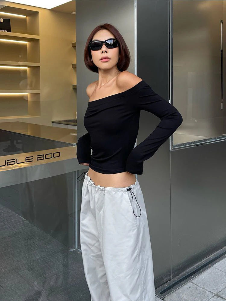 Black Slash Neck Off-Shoulder Crop Top