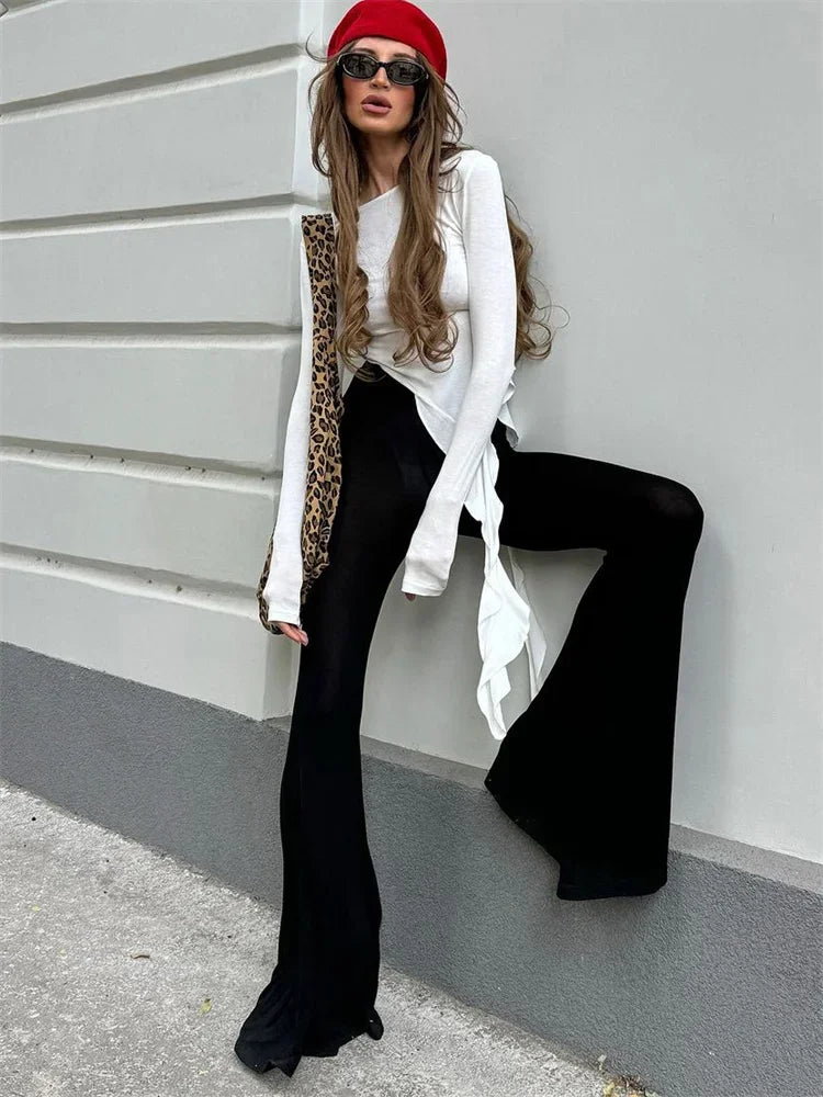 Ruffled Sheer Patchwork Knit Slim T-Shirt