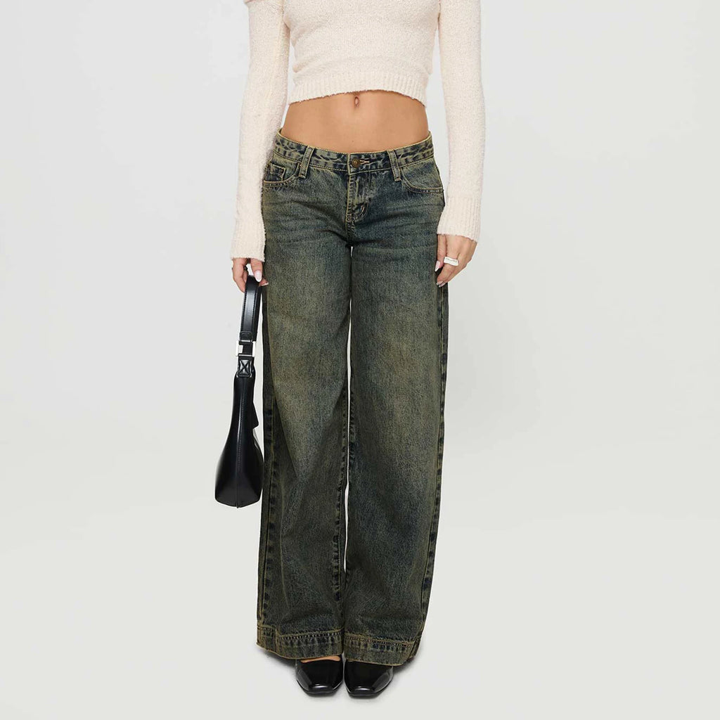 Vintage Loose Fit Bow-Print Wide Leg Jeans