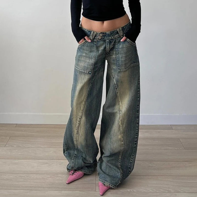 Vintage Washed Loose Fit Straight Leg Denim Jeans