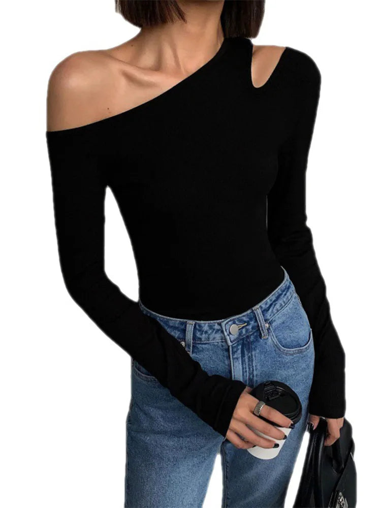 Skew Collar Off-Shoulder Slim Crop Top