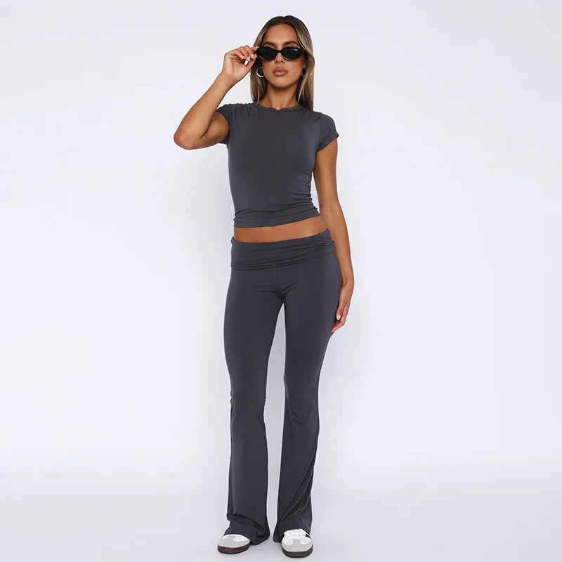 Crop Crew Tee & Fold-Over Flare Pants Set
