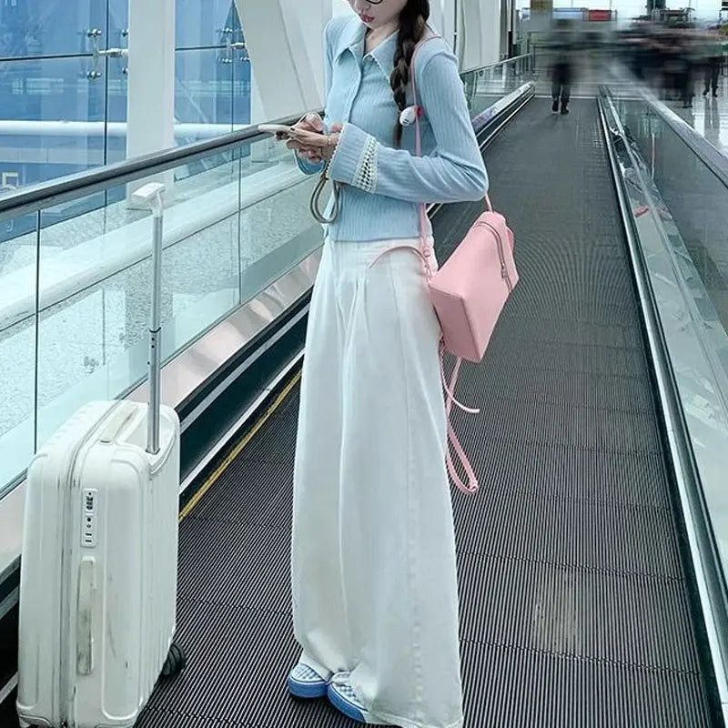 Cream & Baby Blue Knitted Hollow-Out Long Sleeve T-shirt