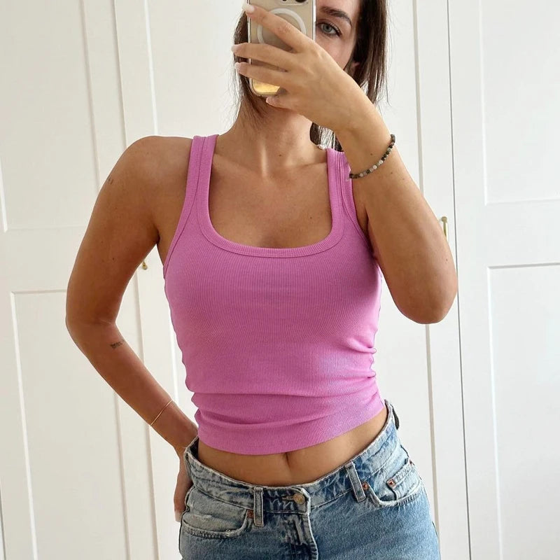Summer Ribbed Solid Straps Crop Tank Top