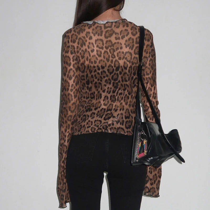 Mesh Leopard Print Ruffled Bow Crop Top