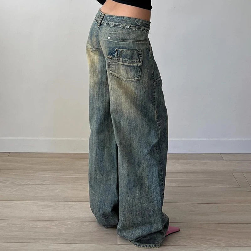 Vintage Washed Loose Fit Straight Leg Denim Jeans