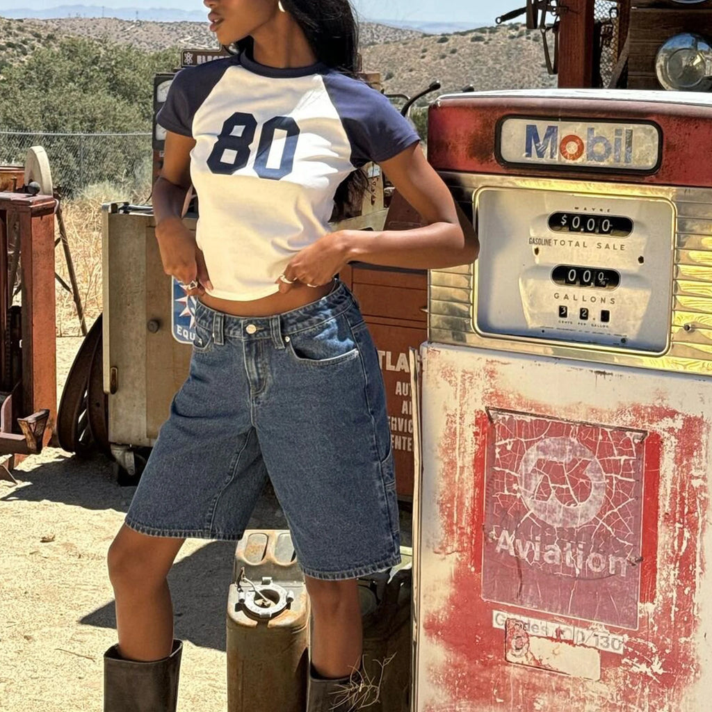 Summer Star Print Denim Knee-Length Jean Shorts