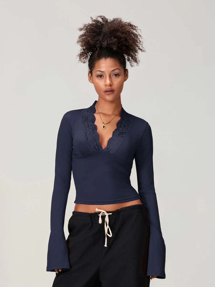 Elegant V-Neck Lace Patchwork Flared Sleeve Top