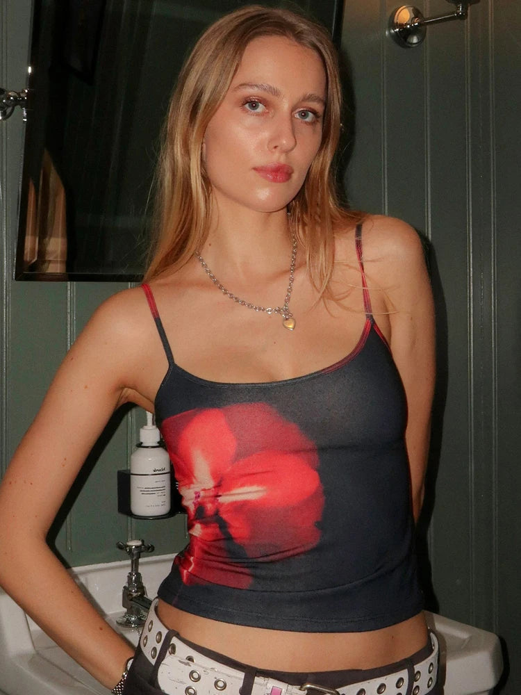 Summer Floral Print Backless Slip Crop Top