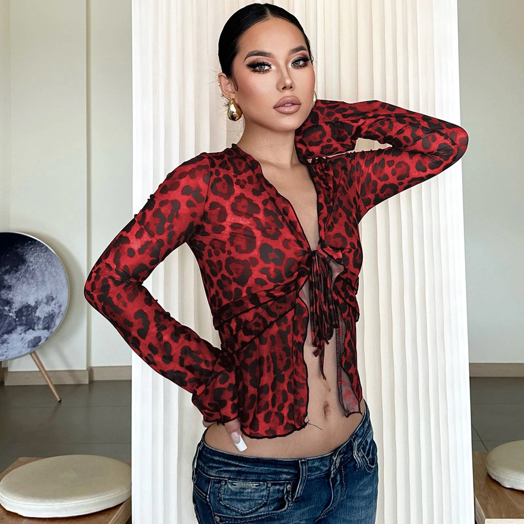 Mesh Leopard Print Long Sleeve Cardigan