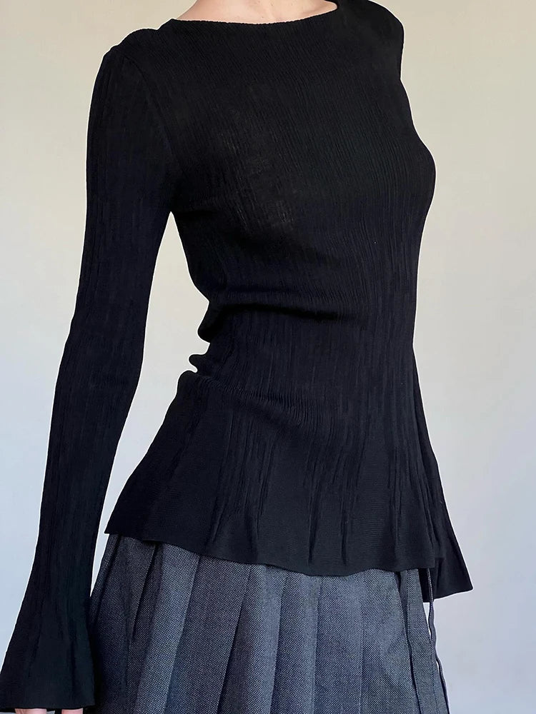 Pleated Flare Sleeve Slim Pullover Top