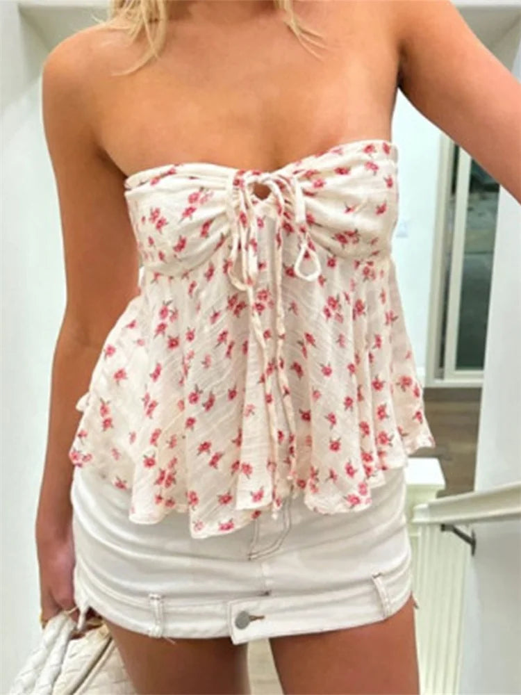 Strapless Off-Shoulder Ruched Floral Tube Top