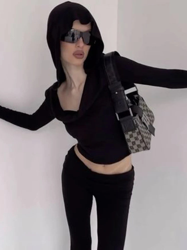 Gothic Hooded Cropped Long Sleeve T-Shirt